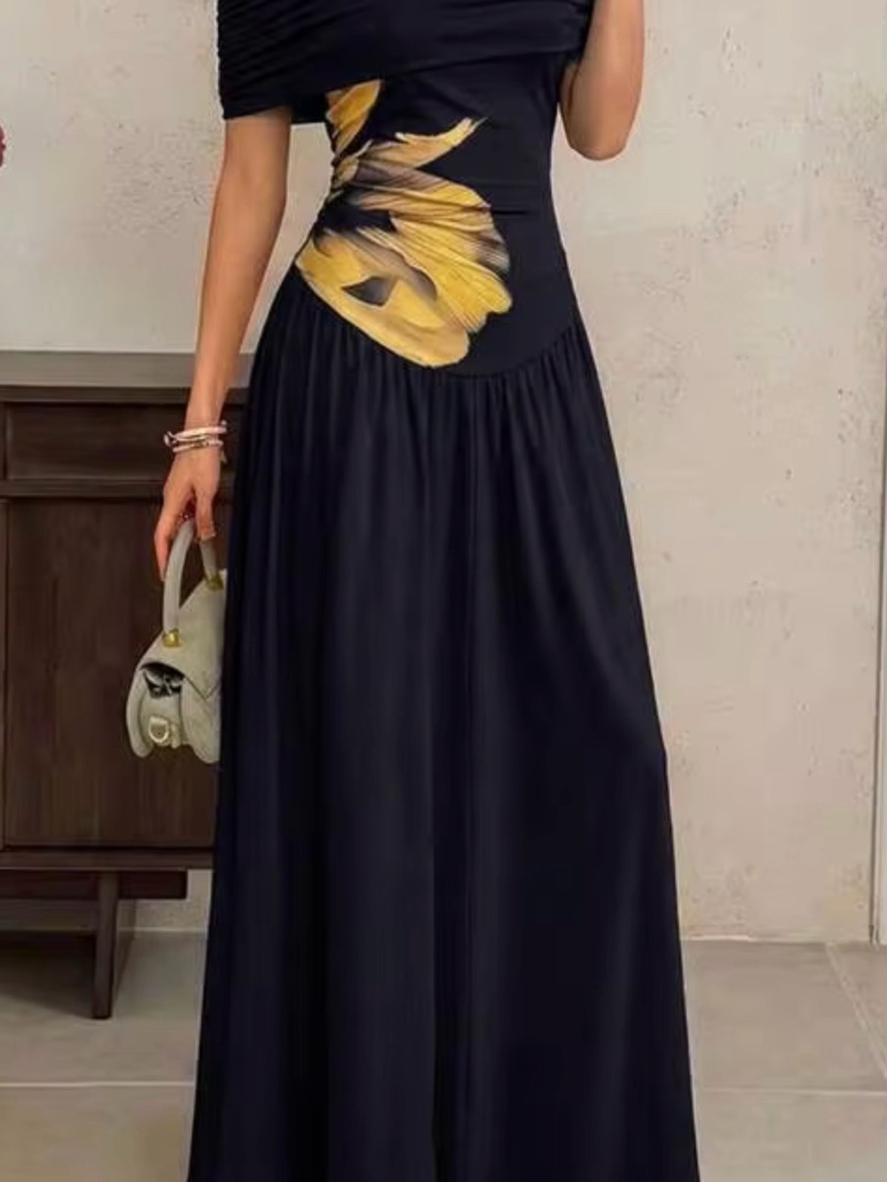 SHEIN Black Maxi Dress with Gold Floral Waist Detail